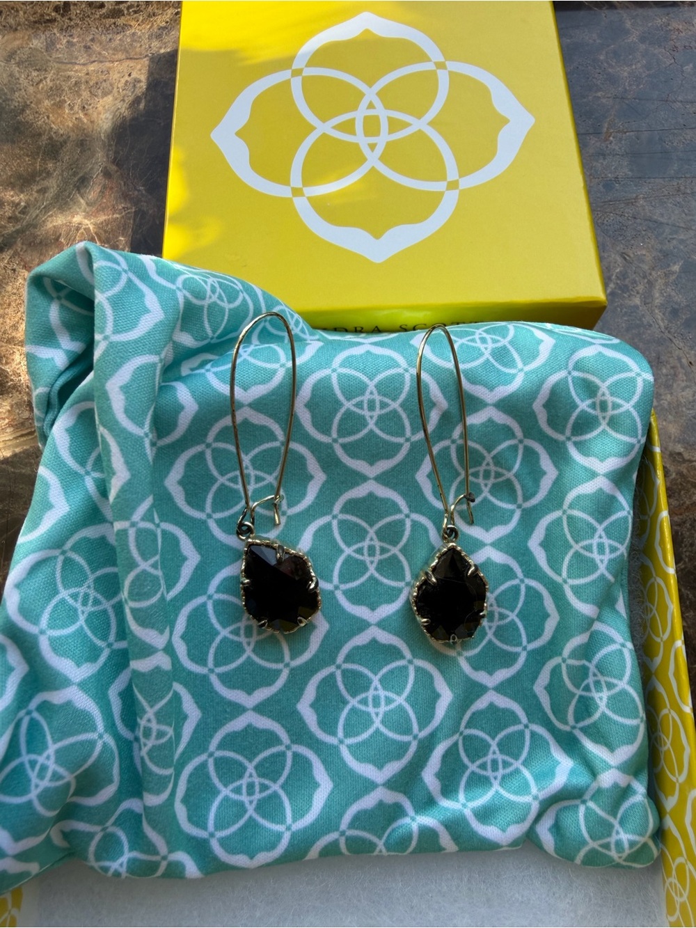 Gold Teardrop Black Stone Dangle Earrings - Brand: